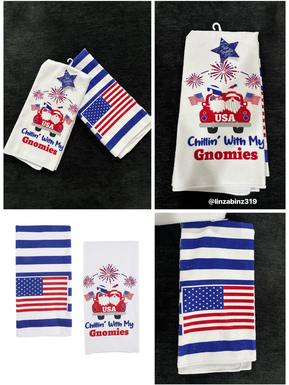 NWT- Set of 2- Patriotic Tea Towels- Chillin with my Gnomies & American Flag 🇺🇸